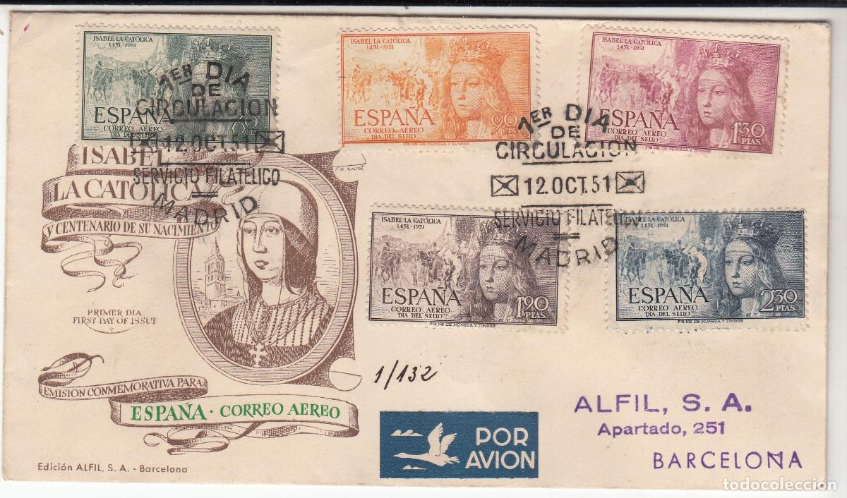 Sellos: SPD - PRIMER D&Iacute;A - 1951 - CENTENARIO NACIMIENTO ISABEL LA CATOLICA NUMS. 1097 A 1101
