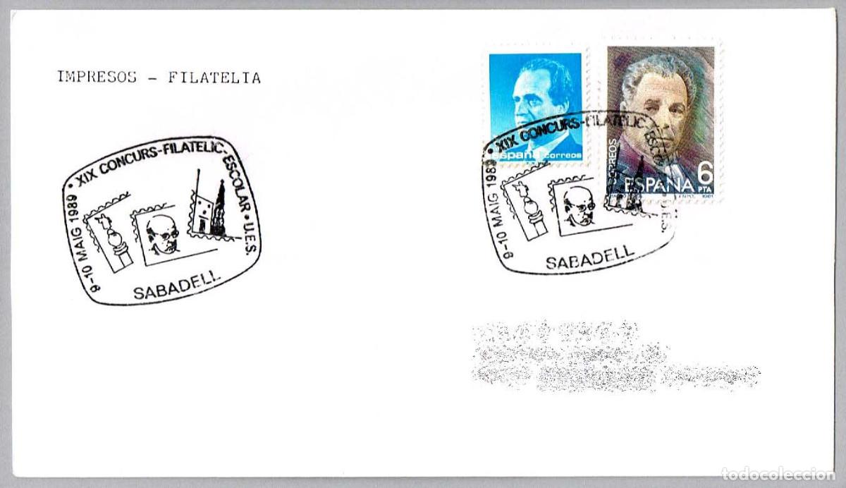 Sellos: Matasellos XIX CONCURSO FILATELICO ESCOLAR - PAU CASALS. Sabadell, Barcelona, 1989