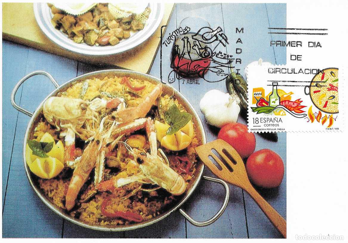 Sellos: GASTRONOMIA PAELLA VALENCIANA TURISMO 1988 (EDIFIL 2935) EN TM PRIMER DIA MATASELLOS BARCELONA RARO