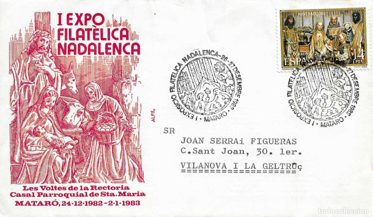 Sellos: NAVIDAD I EXPOSICI&Oacute; FILAT&Egrave;LICA NADALENCA, MATARO 1982. RARO MATASELLOS EN SOBRE DE ALFIL RELIGION