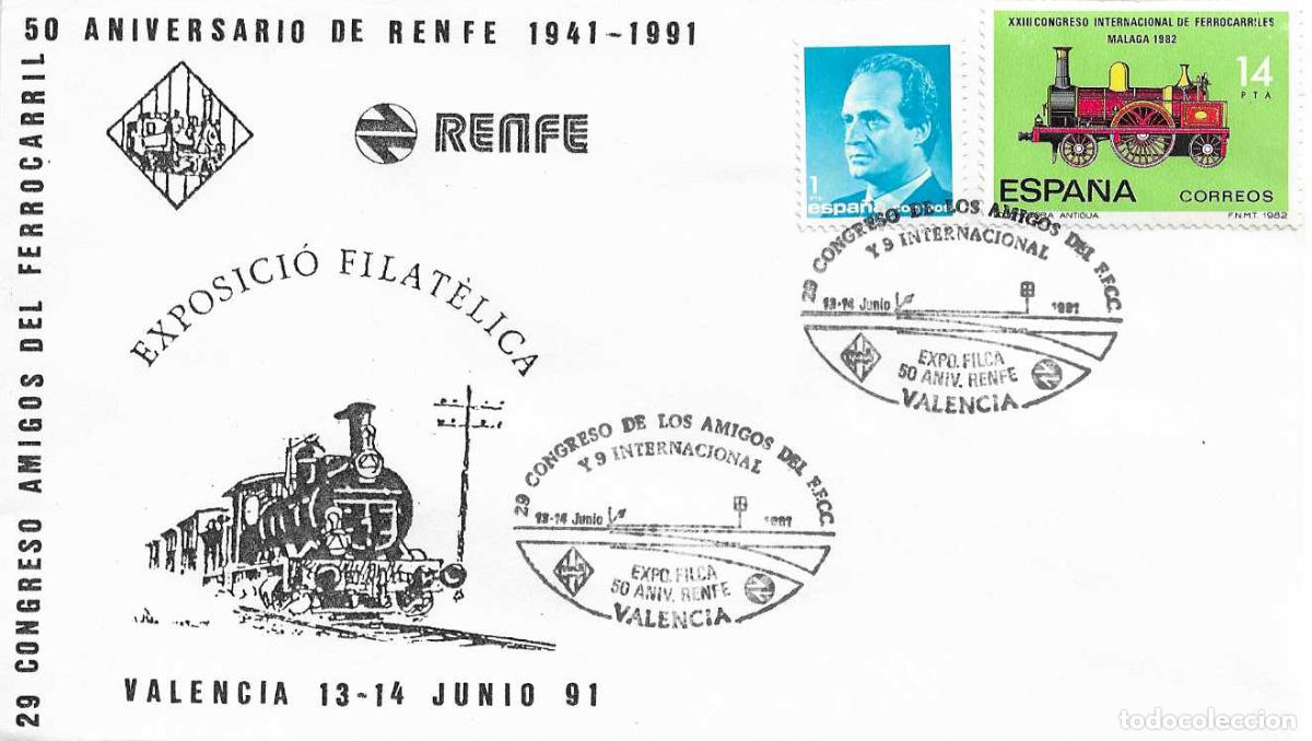 Sellos: TRENES AMIGOS DEL FERROCARRIL 29 CONGRESO, VALENCIA 1991. MATASELLOS EN RARO SOBRE ILUSTRADO