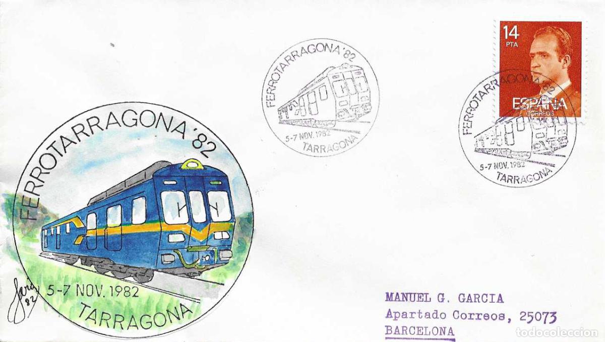 Sellos: TRENES FERROTARRAGONA 82, TARRAGONA 1982. MATASELLOS FERROCARRIL EN RARO SOBRE CIRCULADO VER REVERSO