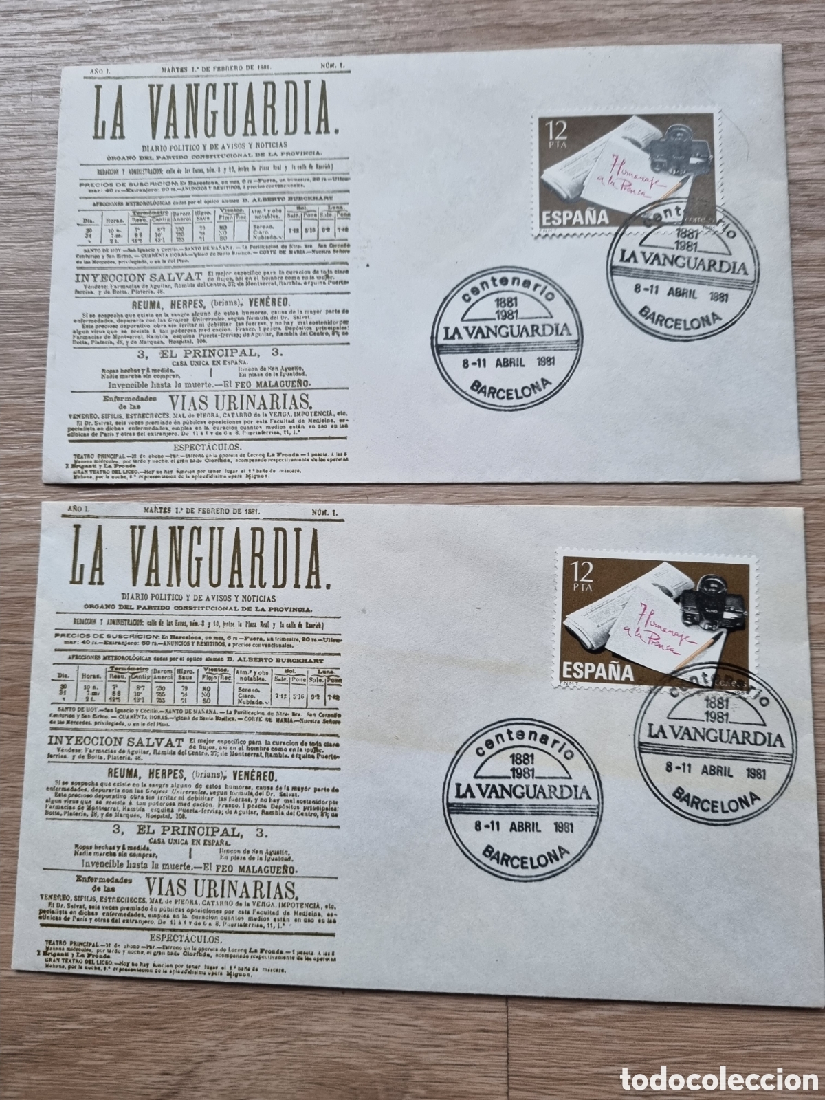 Timbres: Centenario La Vanguardia. 1881- 1981. Dise&ntilde;o 1r n&uacute;mero del peri&oacute;dico. Matasellos y sello especial.