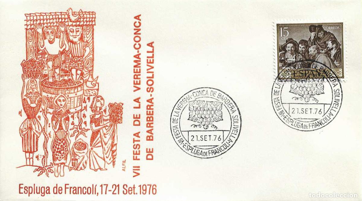 Sellos: VINO VENDIMIA VII FESTA VEREMA ESPLUGA DE FRANCOLI (TARRAGONA) 21 SEPTIEMBRE 1976. MATASELLOS RARO