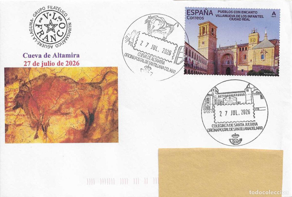 Sellos: PREHISTORIA PINTURAS RUPESTRES CUEVA DE ALTAMIRA, SANTILLANA DEL MAR (CANTABRIA) 27 JULIO 2026 RARO