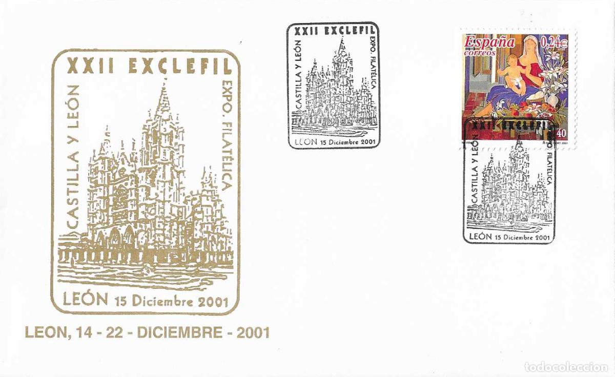 Sellos: CATEDRAL DE LEON XXII EXPOSICION EXCLEFIL CASTILLA Y LEON, LEON 2001 MATASELLOS RARO SOBRE ILUSTRADO