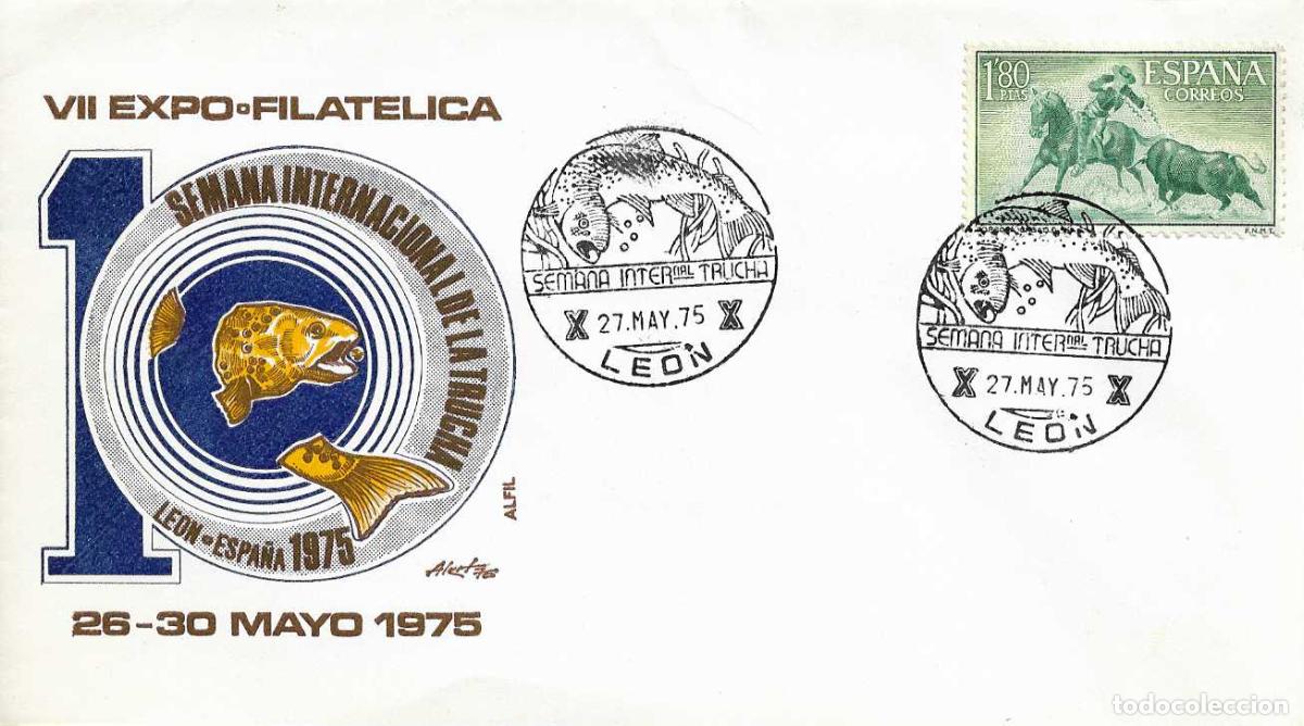 Sellos: TRUCHA PESCA X SEMANA VII EXPOSICION, LEON 27 MAYO 1975. RARO MATASELLOS EN SOBRE DE ALFIL