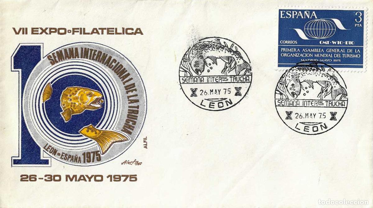 Sellos: TRUCHA PESCA X SEMANA VII EXPOSICION, LEON 26 MAYO 1975. RARO MATASELLOS EN SOBRE DE ALFIL