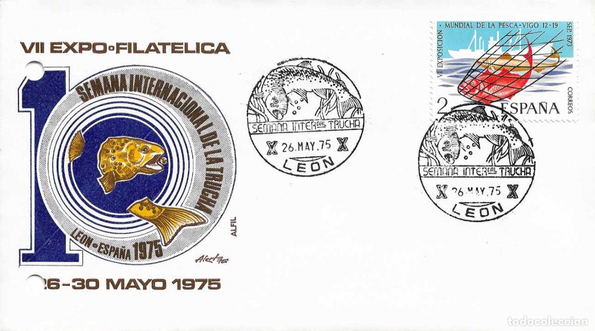Sellos: TRUCHA PESCA X SEMANA VII EXPOSICION, LEON 26 MAYO 1975. RARO MATASELLOS EN SOBRE DE ALFIL RWR