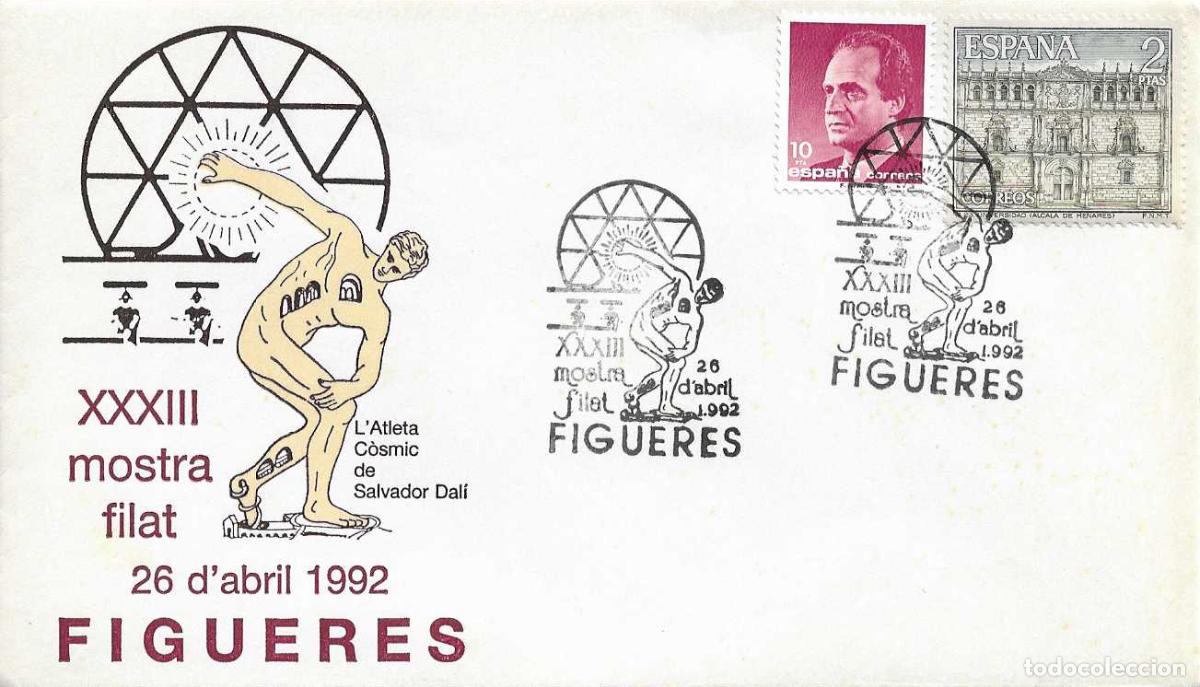 Sellos: PINTURA SALVADOR DALI XXXIII MOSTRA FILATELICA, FIGUERES (GIRONA) 1992. MATASELLOS RARO SOBRE ILUST