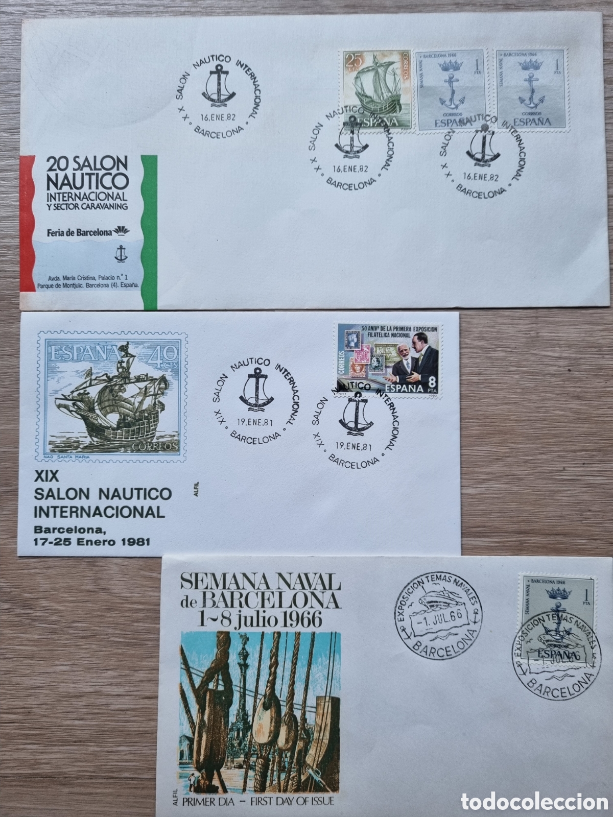Timbres: 3 sobres. Sal&oacute;n N&aacute;utico Barcelona 1981 y 82. Semana Naval 1966. 1r dia deCirculaci&oacute;n. Dise&ntilde;o, sellos