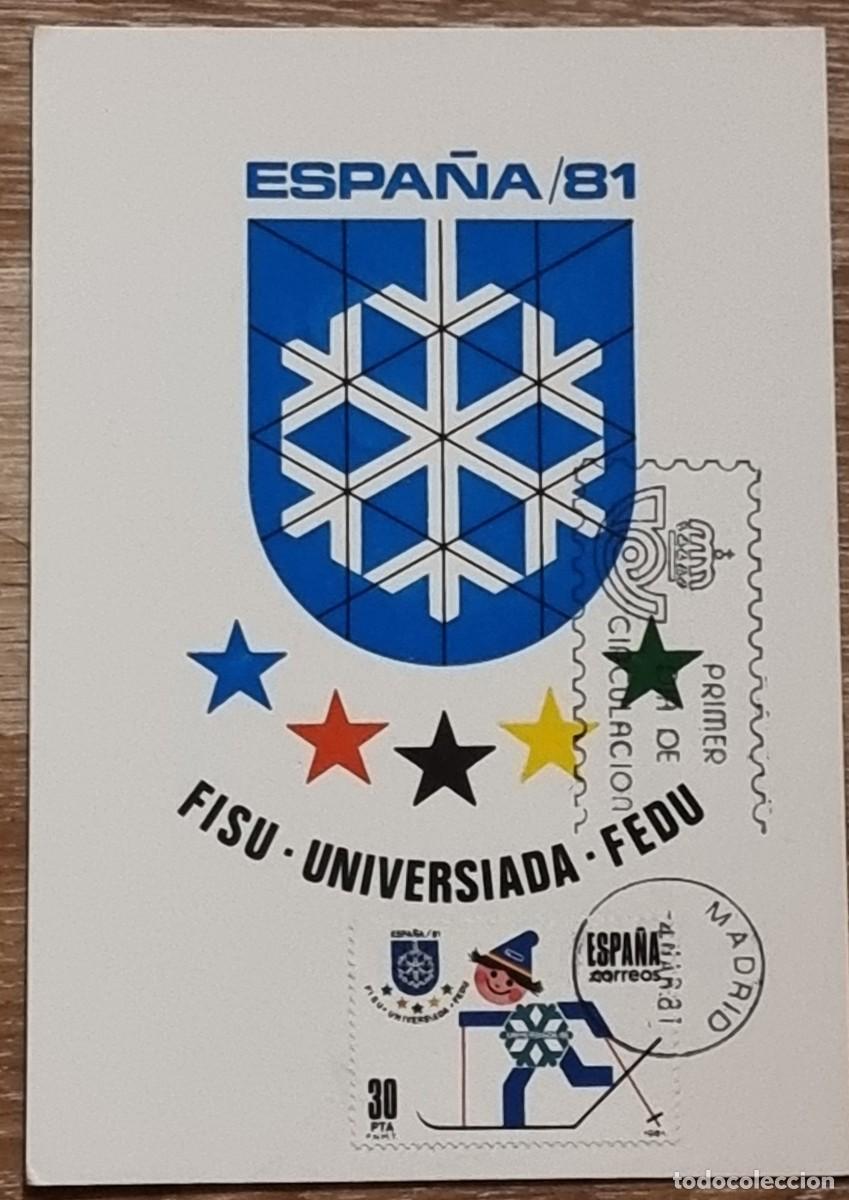 Timbres: TARJETA MAXIMA PRIMER D&Iacute;A CIRCULACION 1981 ESQUI FISU UNIVERSIADA FEDU