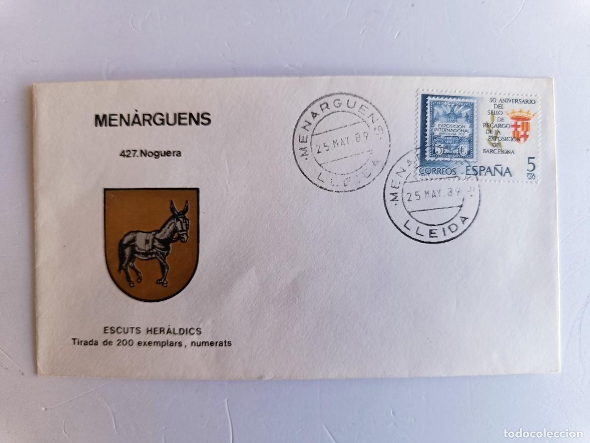 Sellos: MATASELLOS EN SOBRE ILUSTRADO CON ESCUDO DE LA POBLACI&Oacute;N DE MEN&Agrave;RGUENS - NOGUERA - LLEIDA