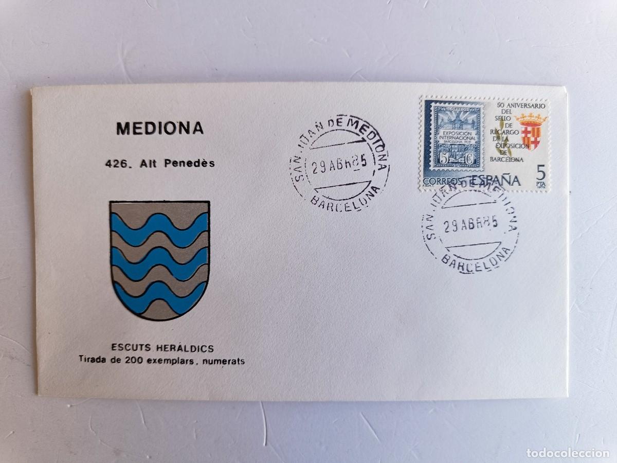 Sellos: MATASELLOS EN SOBRE ILUSTRADO CON ESCUDO DE LA POBLACI&Oacute;N DE MEDIONA - ALT PENED&Egrave;S - BARCELONA