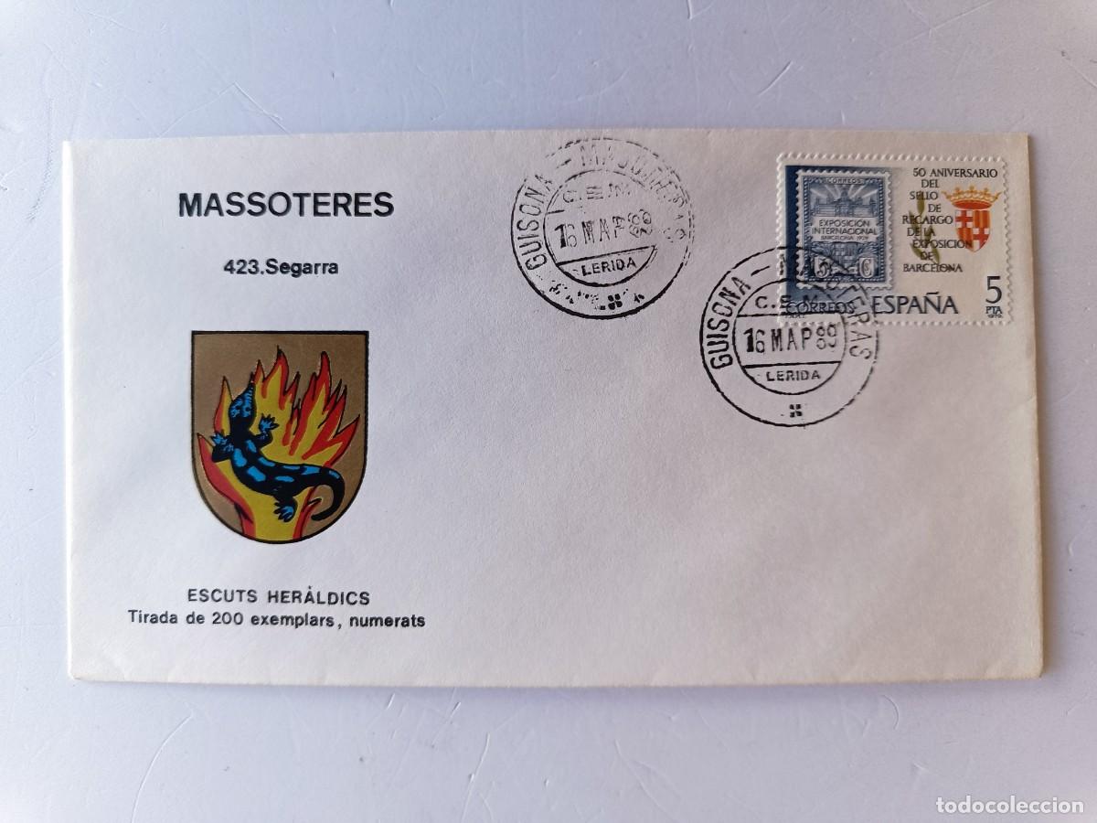 Sellos: MATASELLOS EN SOBRE ILUSTRADO CON ESCUDO DE LA POBLACI&Oacute;N DE MASSOTERES - SEGARRA - LERIDA