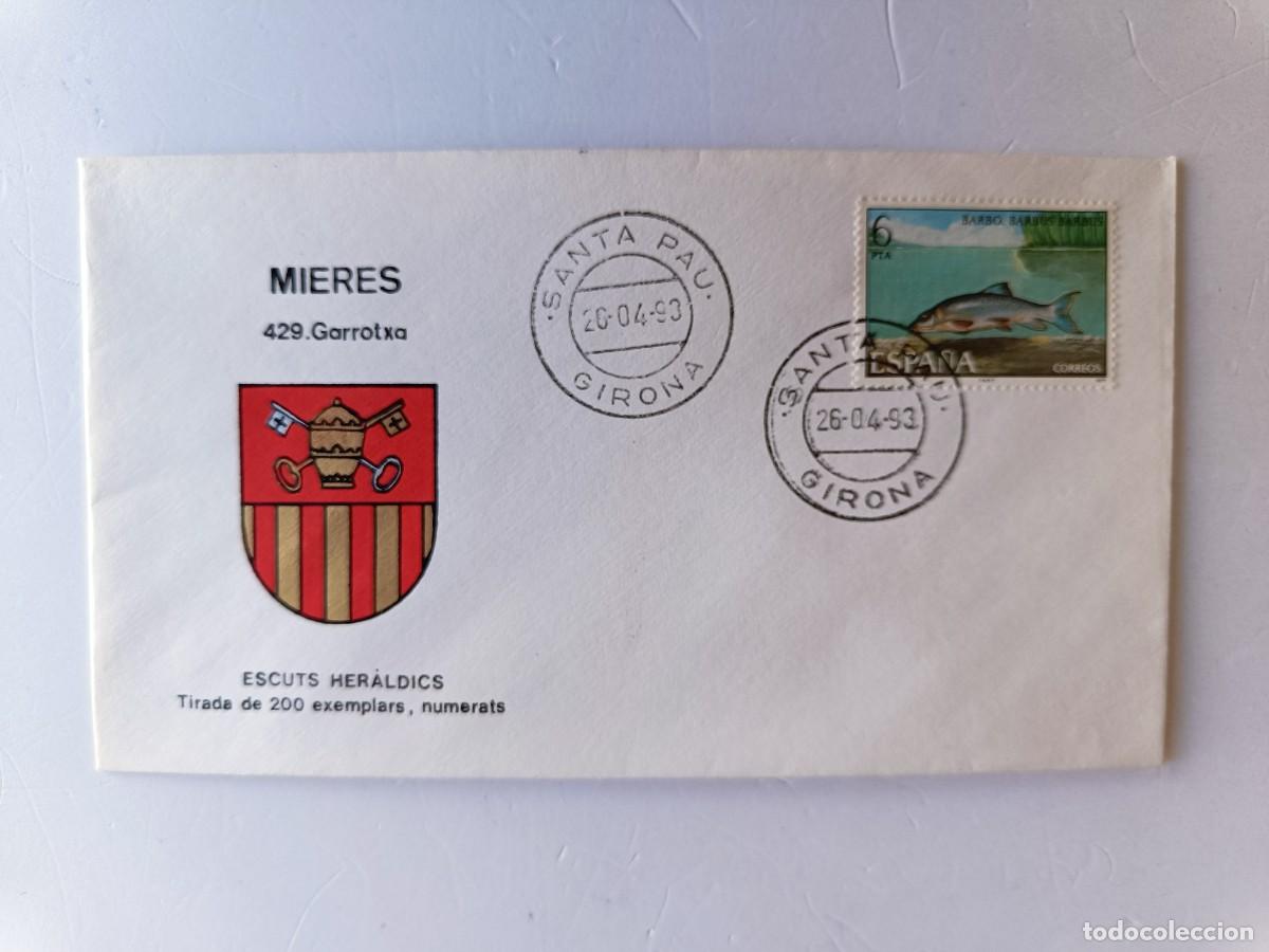 Sellos: MATASELLOS EN SOBRE ILUSTRADO CON ESCUDO DE LA POBLACI&Oacute;N DE MIERES - GARROTXA - GIRONA