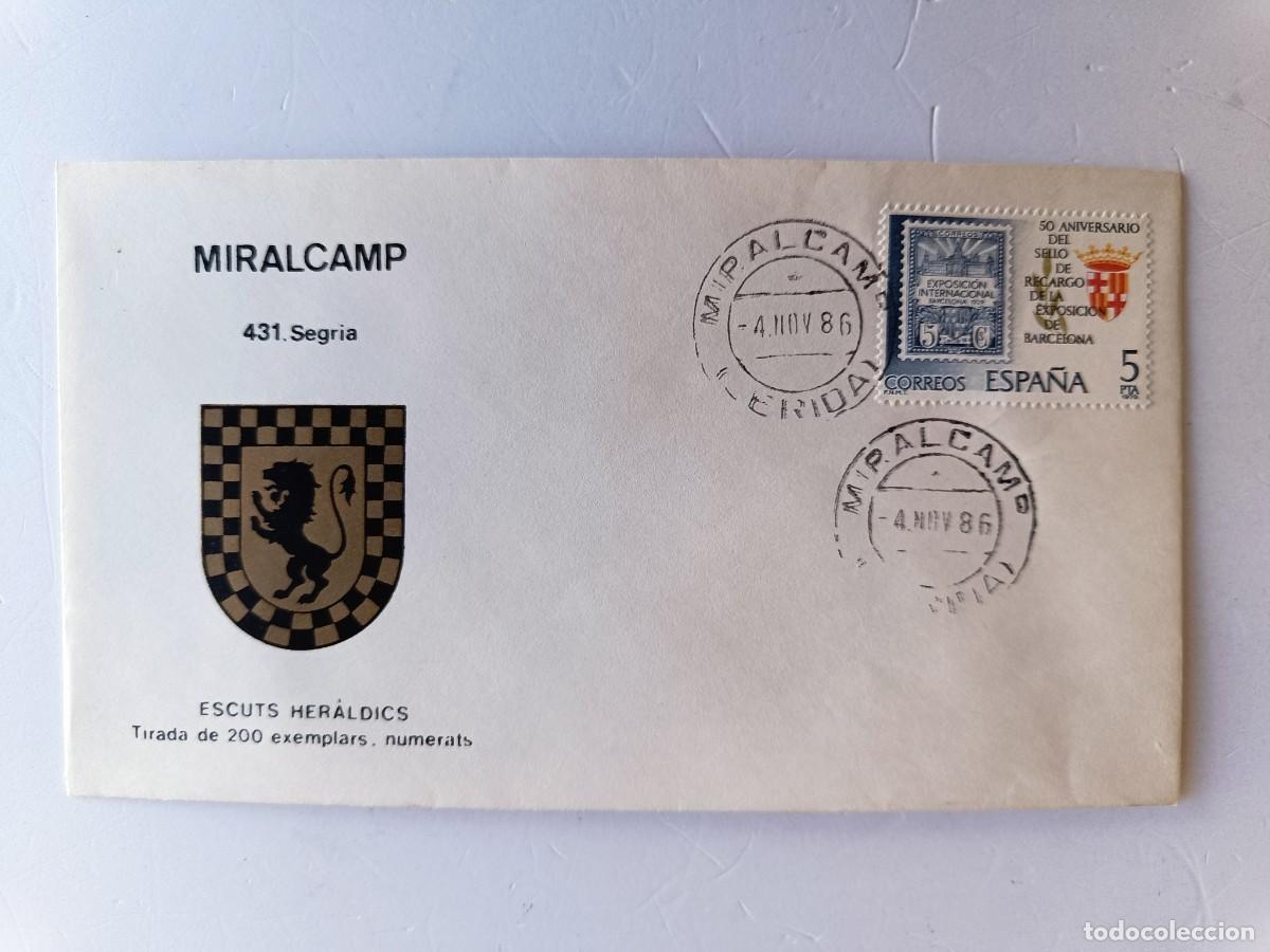 Selos: MATASELLOS EN SOBRE ILUSTRADO CON ESCUDO DE LA POBLACI&Oacute;N DE MIRALCAMP - SEGRIA - LERIDA