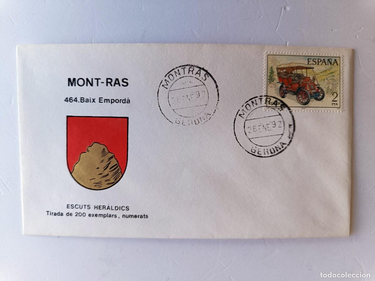 Sellos: MATASELLOS EN SOBRE ILUSTRADO CON ESCUDO DE LA POBLACI&Oacute;N DE MONT-RAS - BAIX EMPORD&Agrave; - GERONA
