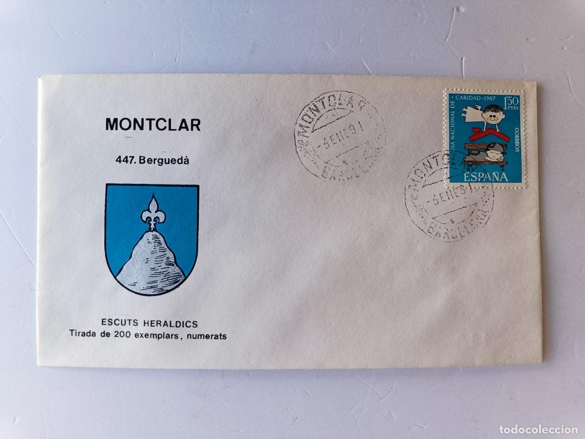 Sellos: MATASELLOS EN SOBRE ILUSTRADO CON ESCUDO DE LA POBLACI&Oacute;N DE MONTCLAR - BERGUED&Agrave; - BARCELONA