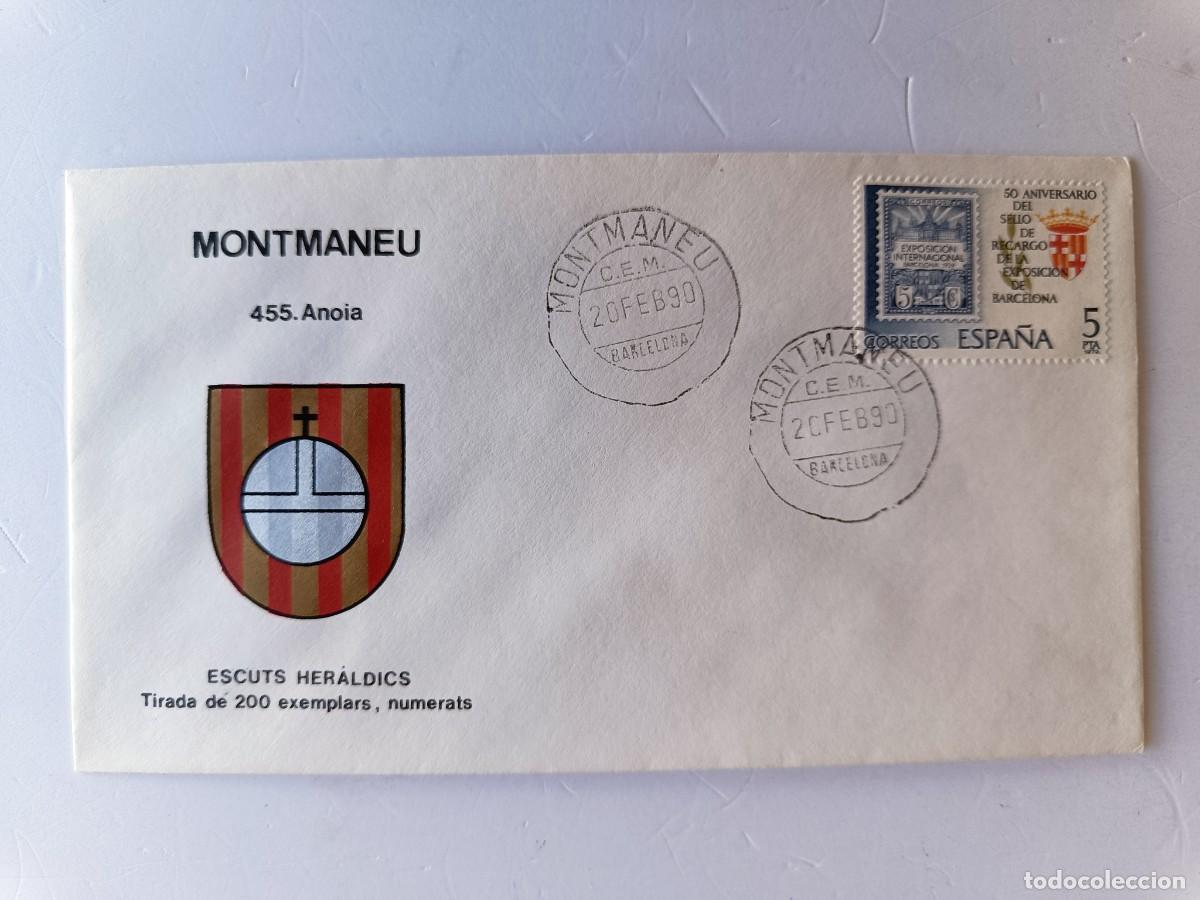 Sellos: MATASELLOS EN SOBRE ILUSTRADO CON ESCUDO DE LA POBLACI&Oacute;N DE MONTMANEU - ANOIA - BARCELONA