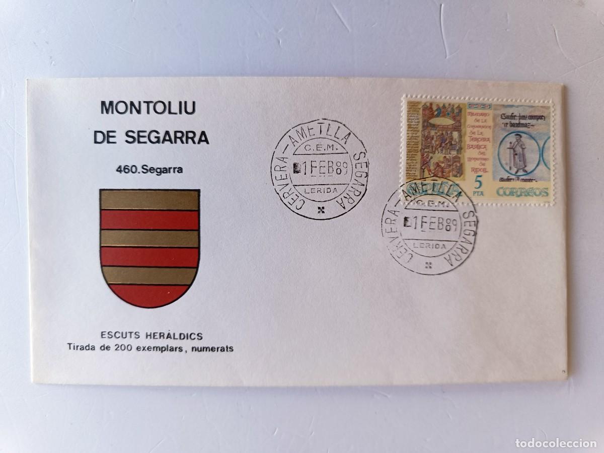 Sellos: MATASELLOS EN SOBRE ILUSTRADO CON ESCUDO DE LA POBLACI&Oacute;N DE MONTOLIU DE SEGARRA - SEGARRA - LERIDA