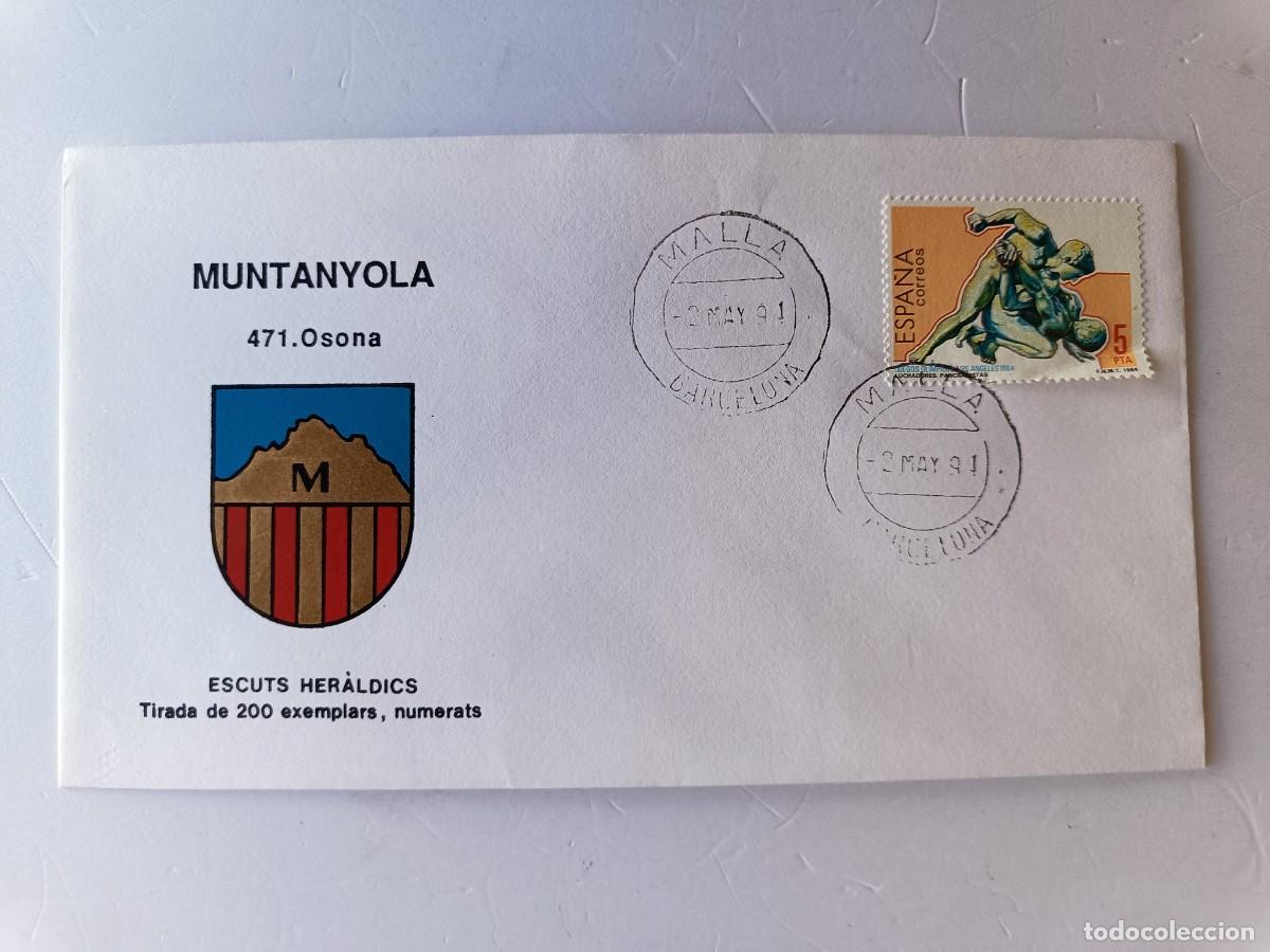 Sellos: MATASELLOS EN SOBRE ILUSTRADO CON ESCUDO DE LA POBLACI&Oacute;N DE MUNTANYOLA - OSONA - BARCELONA