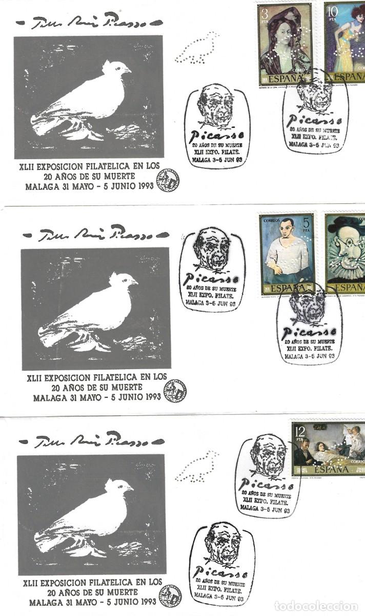 Stamps: ESPA&Ntilde;A 1993 - 6 SOBRES CON MATASELLO ESPECIAL 20 A&Ntilde;OS MUERTE DE PICASSO CON TALADRO DE UNA PALOMA