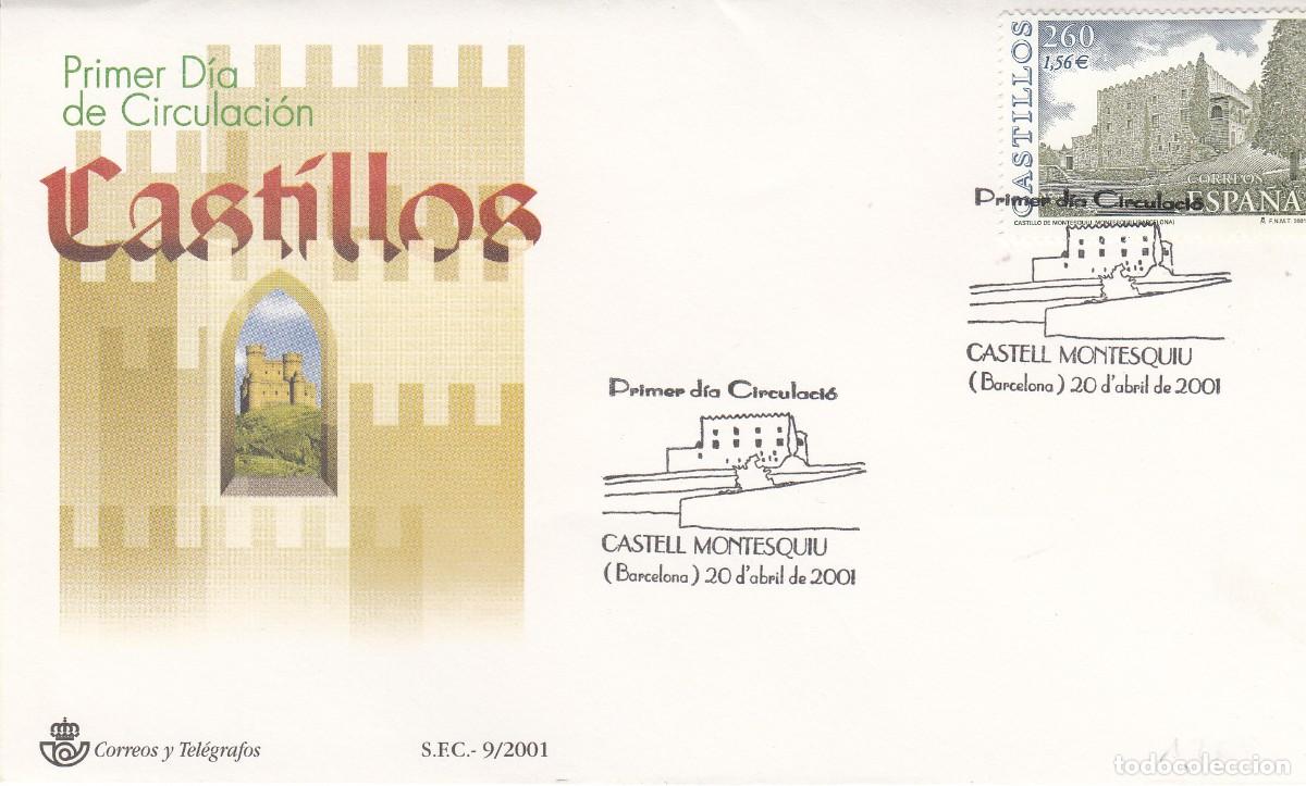 Sellos: PRIMER DIA SPD 2001 CASTILLOS - MONTESQUIU NUM. 3788 CON MATASELLOS DE MONTESQUIU