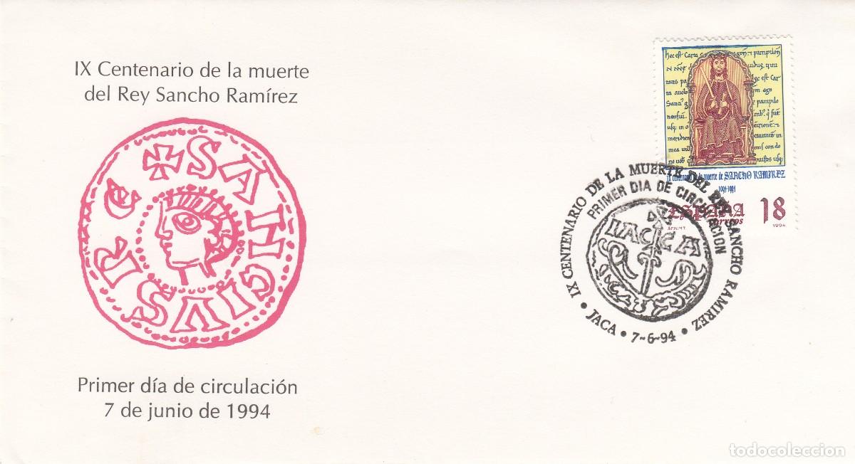 Timbres: PRIMER D&Iacute;A - SPD CENTENARIO MUERTE DEL REY SANCHO - JACA - 1994 MATASELLOS JACA