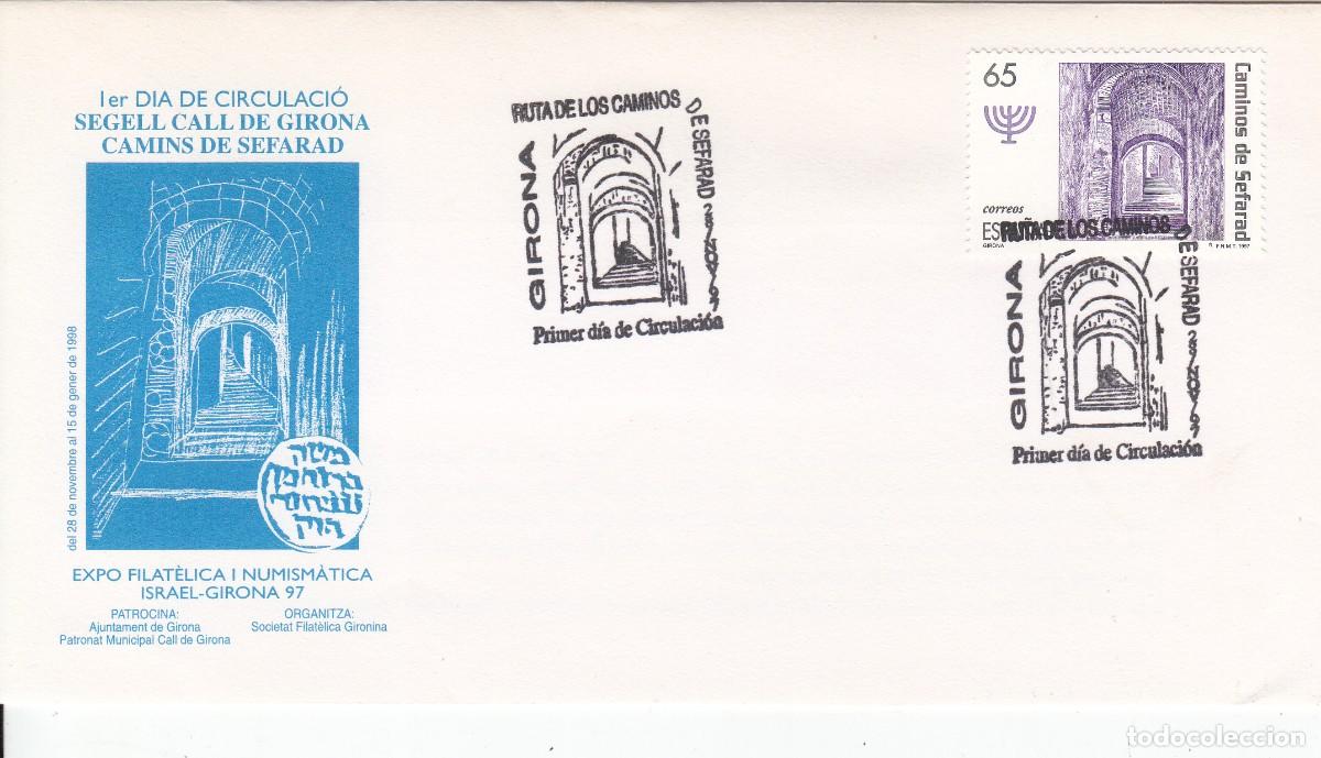 Stamps: SPD PRIMER D&Iacute;A - RUTA DE LOS CAMINOS - SEFARAD - MATASELLOS DE GIRONA - 1997