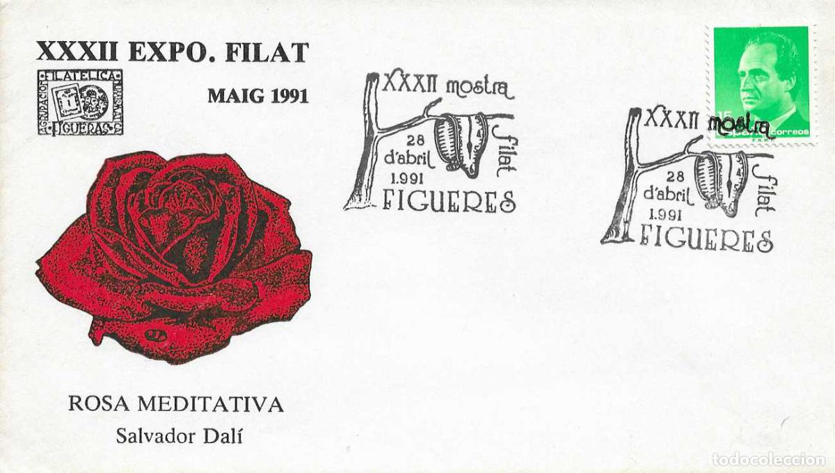 Timbres: PINTURA SALVADOR DALI XXXII MOSTRA FILATELICA FIGUERES (GIRONA) 1991 MATASELLOS RARO SOBRE ILUSTRADO