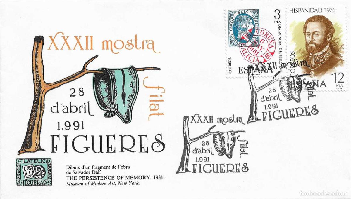 Timbres: PINTURA SALVADOR DALI XXXII MOSTRA FILATELICA FIGUERES (GIRONA) 1991 MATASELLOS RARO SOBRE ILUSTRADO