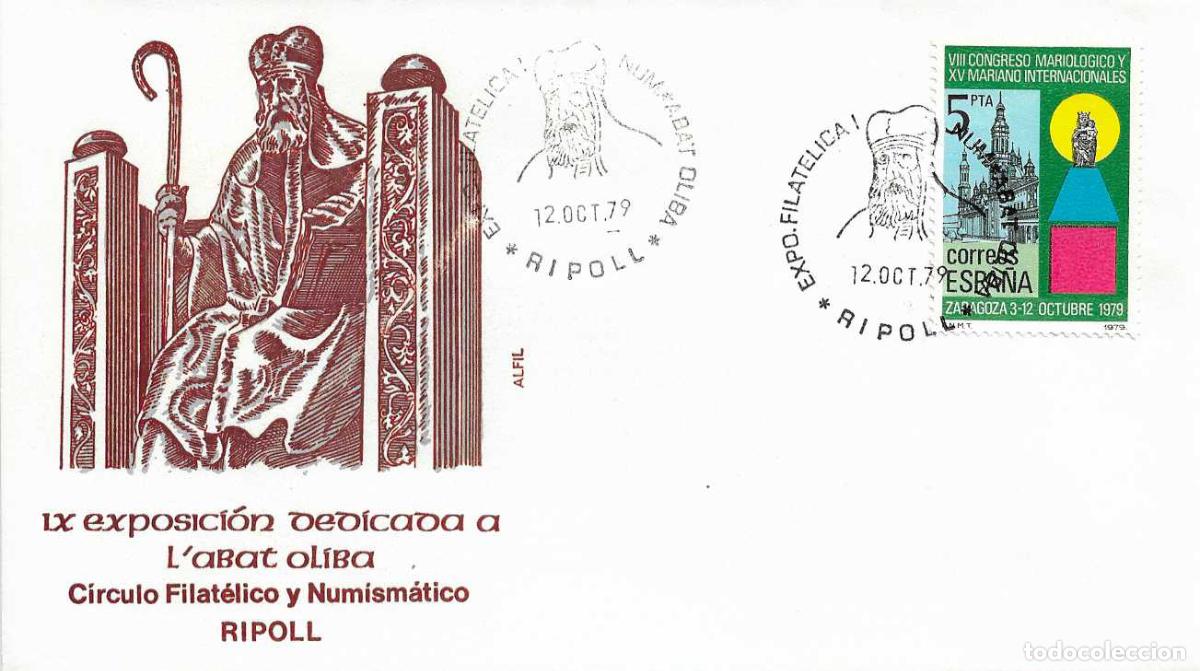 Timbres: L'ABAT OLIBA IX EXPOSICION FILATELICA, RIPOLL (GERONA) 12 OCTUBRE 1979. MATASELLOS EN SOBRE DE ALFIL