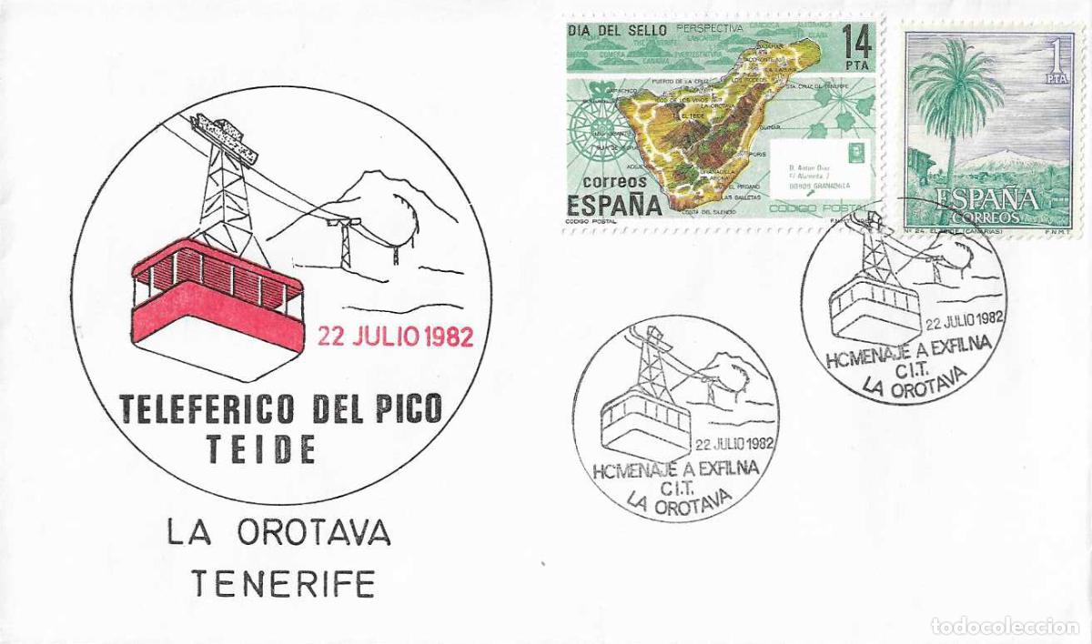 Stamps: TELEFERICO AL TEIDE HOMENAJE EXFILNA, LA OROTAVA (CANARIAS) 1982. MATASELLOS RARO SOBRE. VER REVERSO