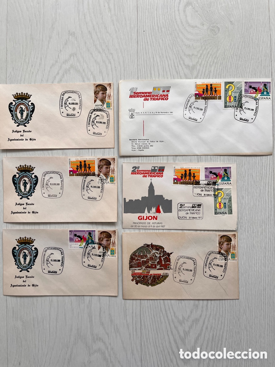 Sellos: Lote de 6 sobres filat&eacute;licos de Gij&oacute;n 1985&ndash;1987