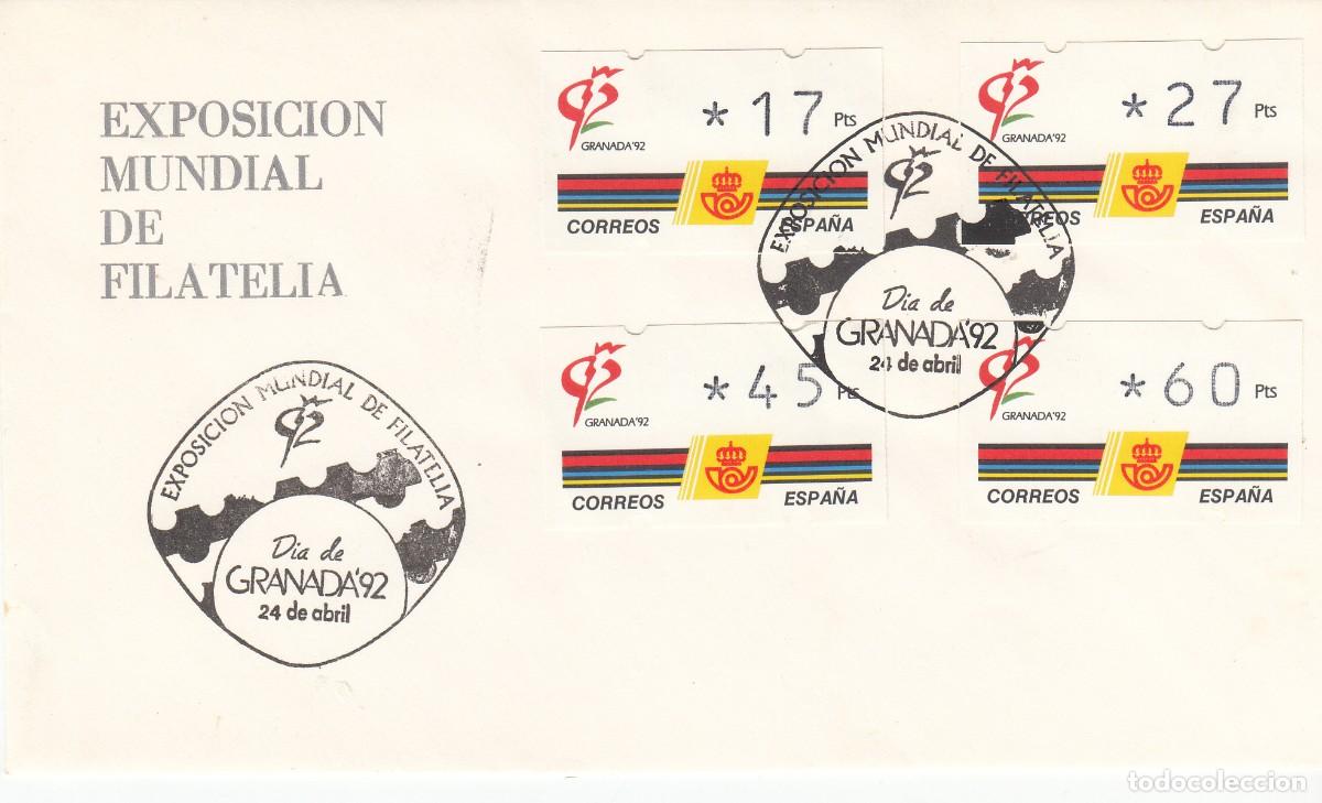 Briefmarken: MATASELLOS EXPOSICI&Oacute;N MUNDIAL DE FILATELIA GRANADA - 1992 SOBRE SERIE DE ETIQUETAS GRANADA 92
