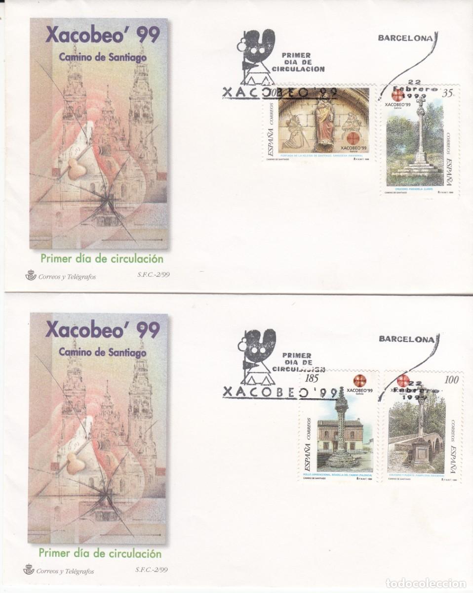 Sellos: PRIMER D&Iacute;A SPD XACOBEO 99 SANTIAGO DE COMPOSTELA A&Ntilde;O SANTO NUMS. 3617-20. MATASELLOS BARCELONA