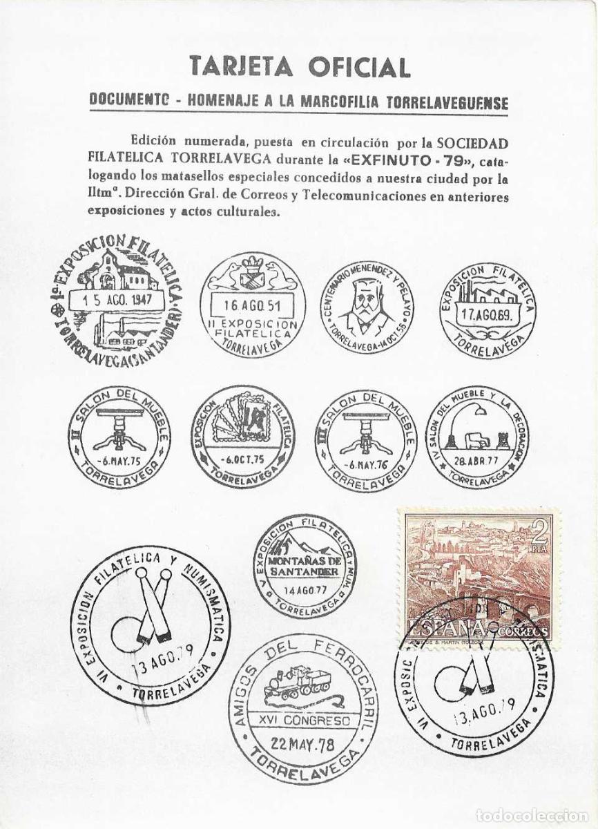 Sellos: MARCOFILIA TORRELAVEGUENSE, TORRELAVEGA (SANTANDER CANTABRIA) 1979. RARA TARJETA MATASELLOS BOLOS