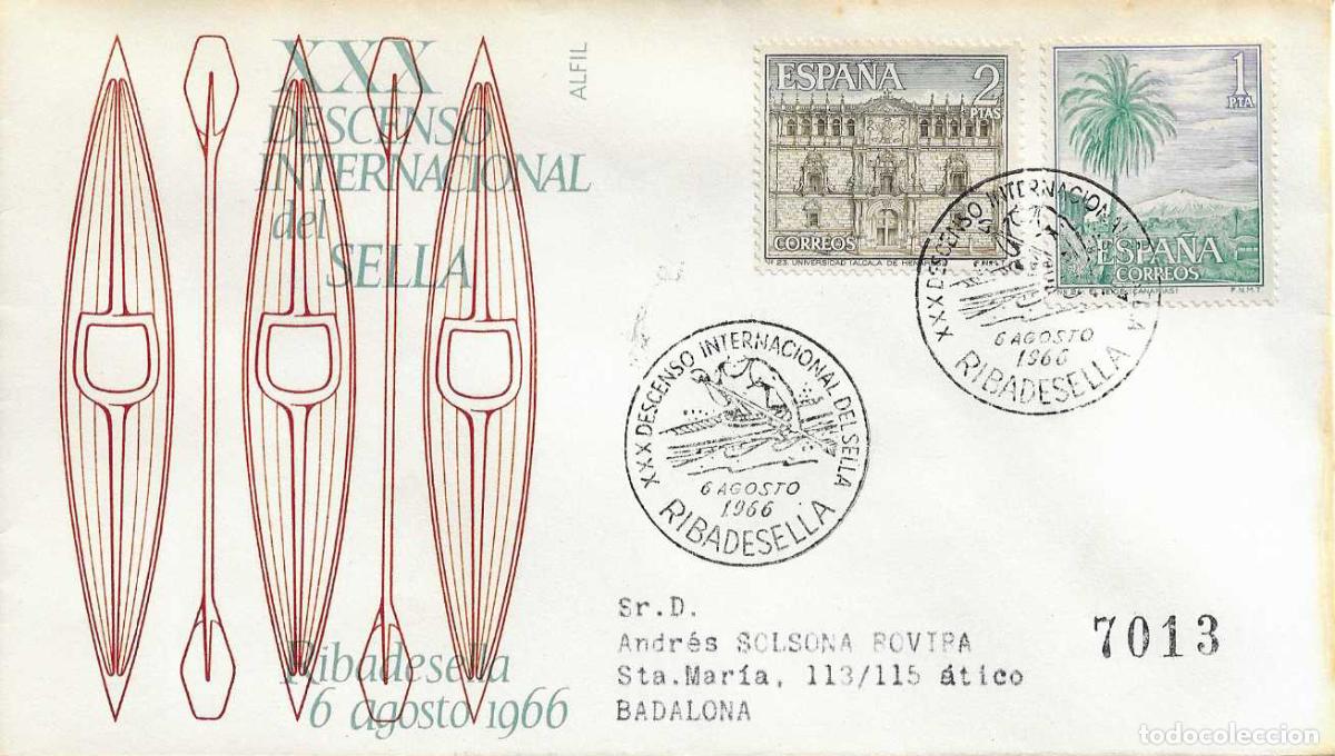 Timbres: DEPORTES XXX DESCENSO INT SELLA, RIBADESELLA (ASTURIAS) 1966 MATASELLOS EN SOBRE CIRCULADO ALFIL RWR