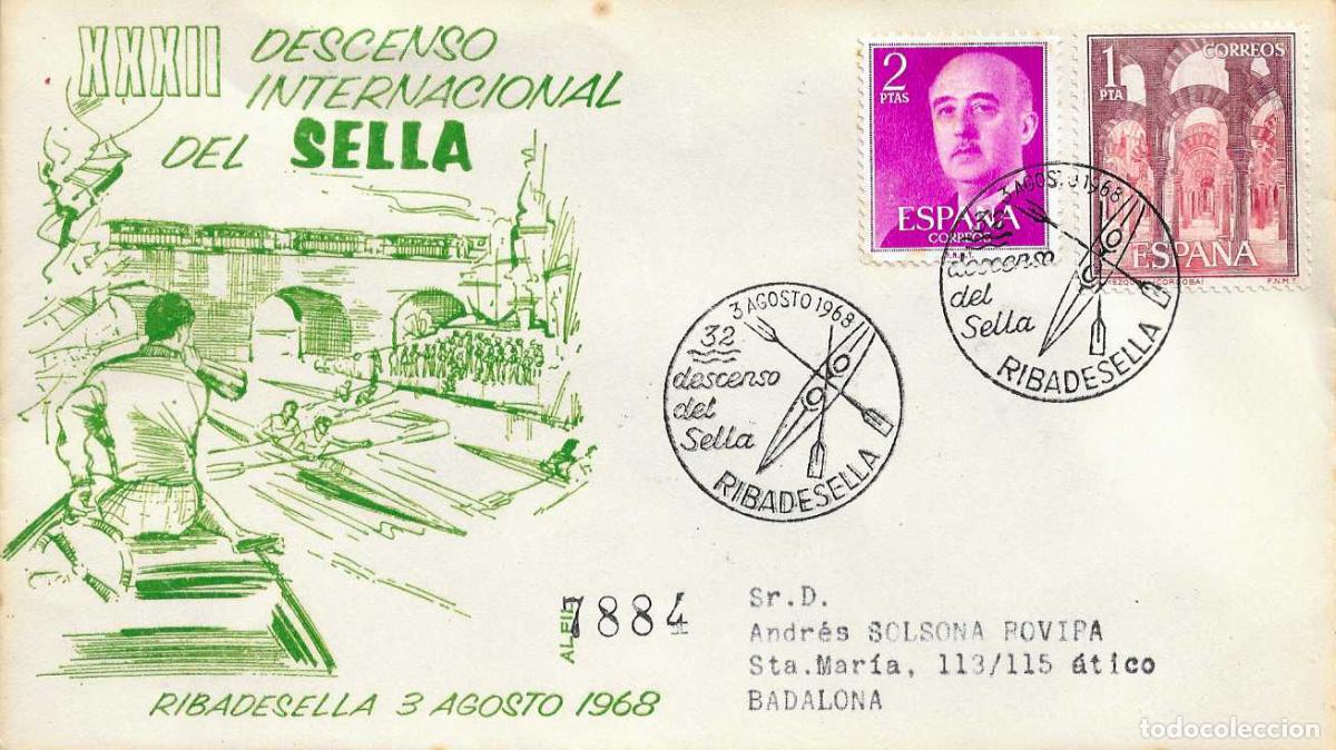 Timbres: DEPORTES XXXII DESCENSO INT SELLA, RIBADESELLA (ASTURIAS) 1968. MATASELLOS EN SOBRE CIRCULADO ALFIL