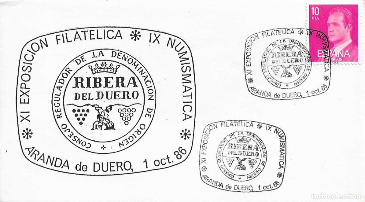 Timbres: VINO RIBERA DEL DUERO DENOMINACION ORIGEN, ARANDA DE DUERO (BURGOS) 1986. MATASELLOS EN RARO SOBRE