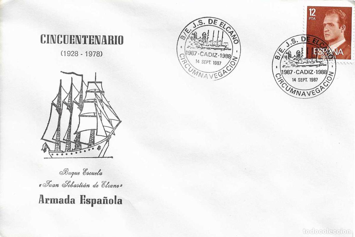 Timbres: BUQUE ESCUELA JUAN SEBASTIAN ELCANO CIRCUMNAVEGACION CADIZ 1987 MATASELLO RARO SOBRE ILUSTRADO MOD 6