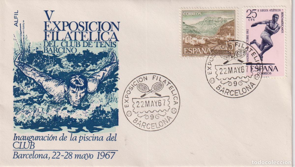 Sellos: S.P.D.C. BARCELONA - ALFIL - V EXPOSICI&Oacute;N FILATELICA DEL CLUB DE TENIS BARCINO - 22.MAY.67