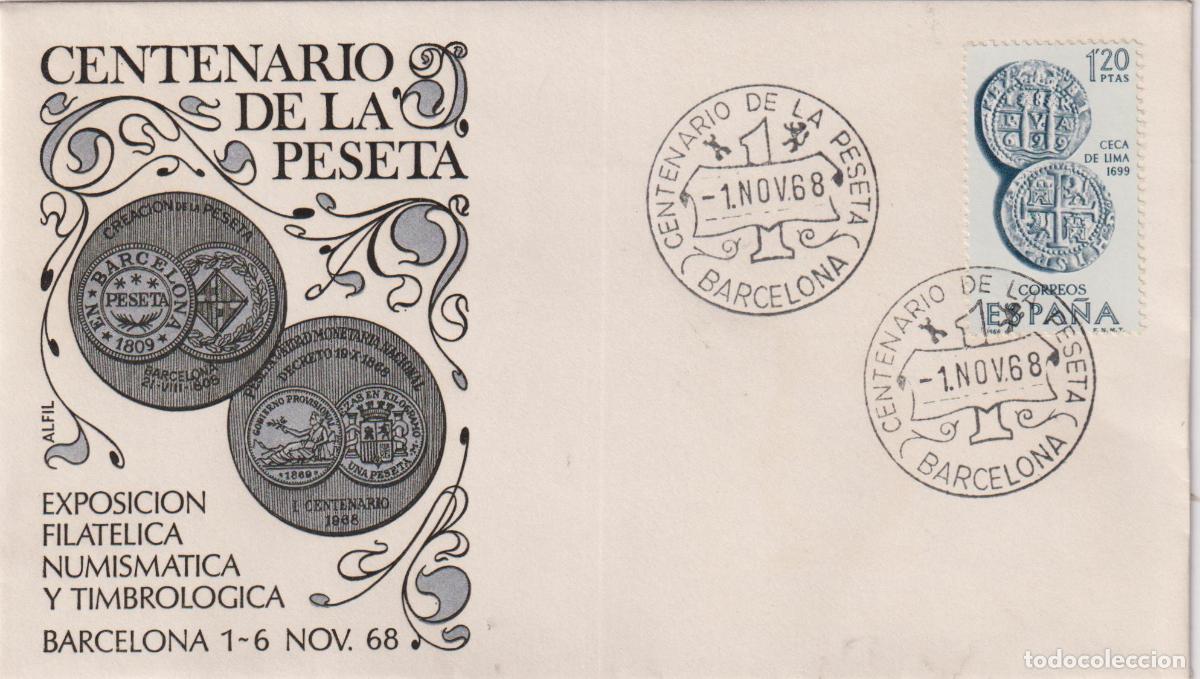 Sellos: S.P.D.C. BARCELONA - CENTENARIO DE LA PESETA - ALFIL - EXPO FILATELICA NUMISM&Aacute;TICA Y TIMBR- 1.NOV.68