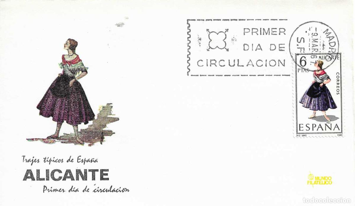 Stamps: TRAJE DE ALICANTE TRAJES TIPICOS ESPA&Ntilde;OLES 1967 (EDIFIL 1769) EN SOBRE PRIMER DIA MUNDO FILATELICO