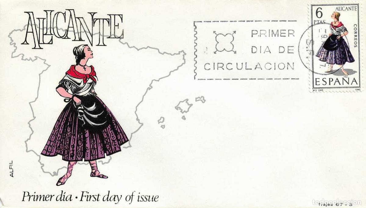 Sellos: TRAJE DE ALICANTE TRAJES TIPICOS ESPA&Ntilde;OLES 1967 (EDIFIL 1769) EN SOBRE PRIMER DIA DE ALFIL