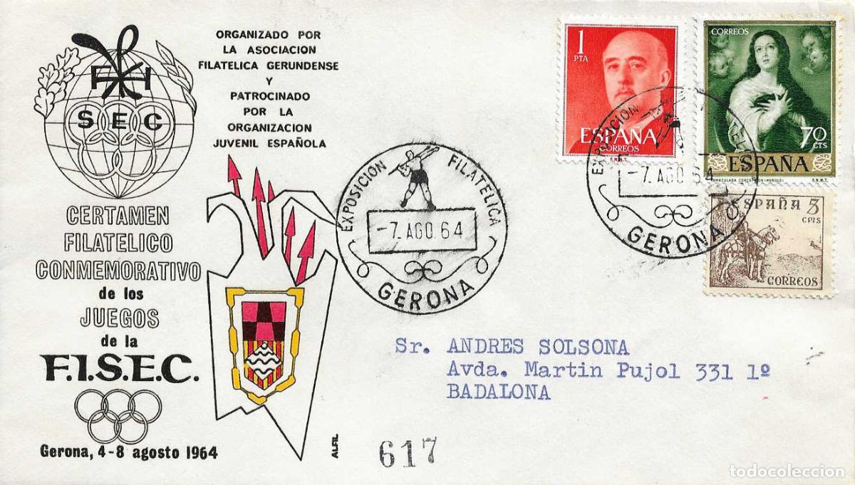Briefmarken: OJE PATROCINA CERTAMEN CONMEMORATIVO JUEGOS FISEC GERONA 7 AGOSTO 1964 MATASELLOS DEPORTIVA RARO ASI
