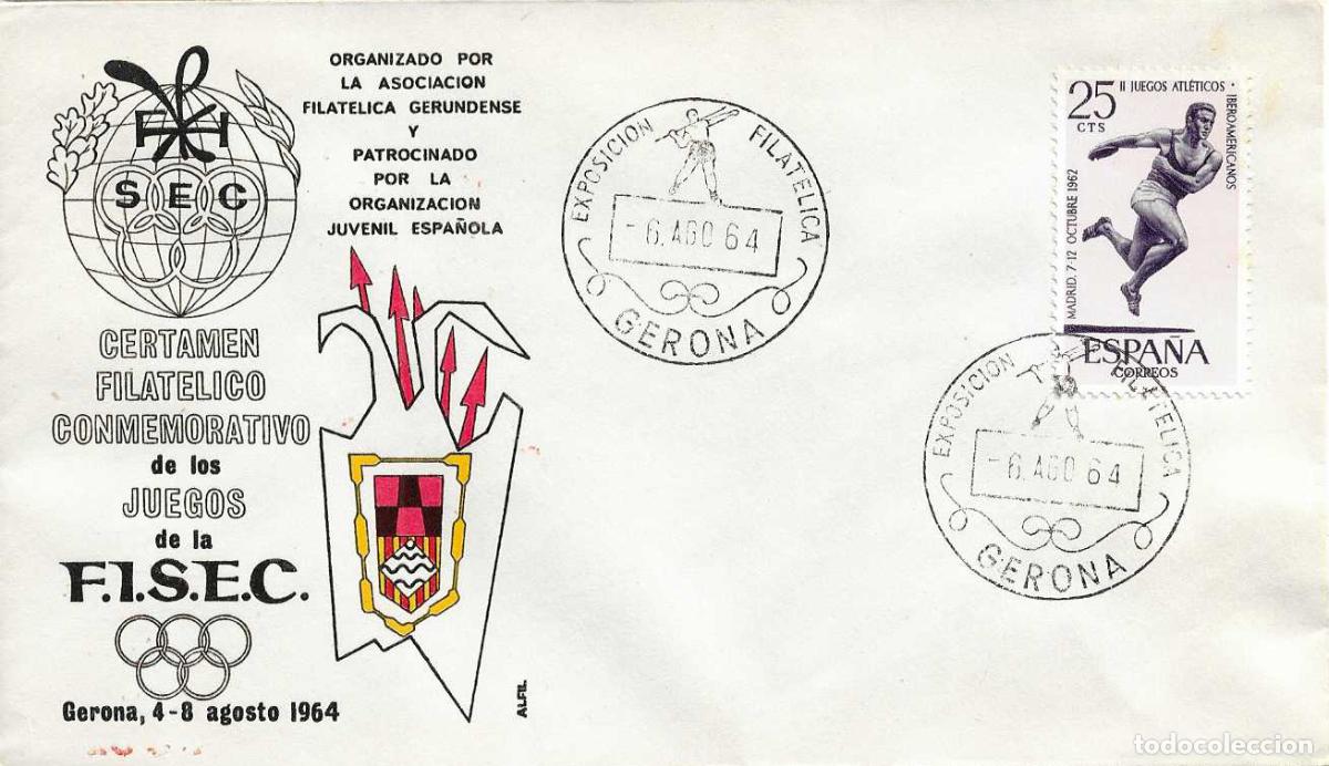 Selos: OJE PATROCINA CERTAMEN CONMEMORATIVO JUEGOS FISEC, GERONA 6 AGOSTO 1964. MATASELLOS DEPORTIVA RARO