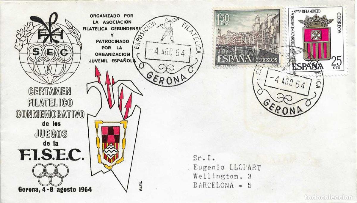 Selos: OJE PATROCINA CERTAMEN CONMEMORATIVO JUEGOS FISEC, GERONA 4 AGOSTO 1964. MATASELLOS DEPORTIVA RARO