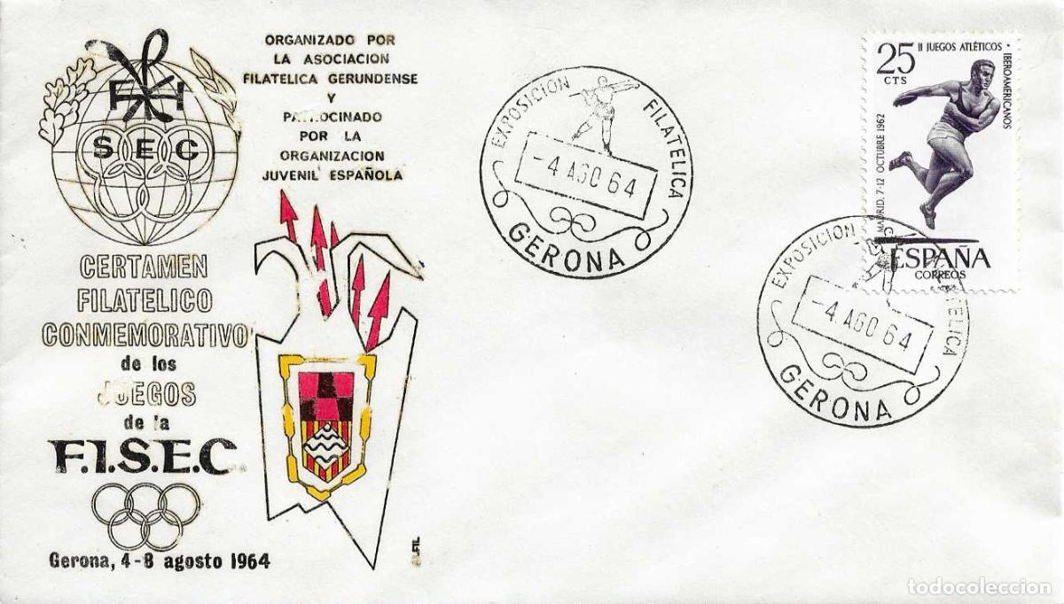 Selos: OJE PATROCINA CERTAMEN CONMEMORATIVO JUEGOS FISEC, GERONA 4 AGOSTO 1964. MATASELLOS DEPORTIVA RARO